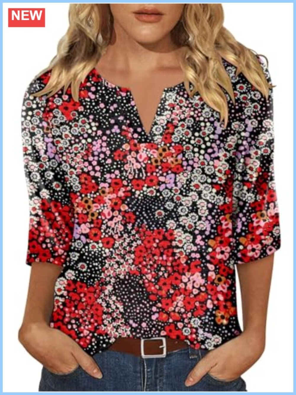 Women's 3/4 Sleeve V-Neck Floral Tunic Top Loose Fit Business Blouse